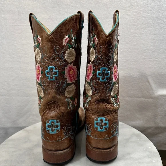 Macie Bean floral brown cowboy boots square toe rose garden leather pink blue - Picture 5 of 11